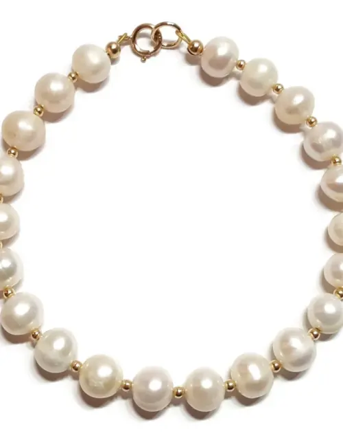 9ct Gold Pearl Bracelet, Genuine White Freshwater Pearls and 9ct Gold Beads